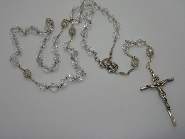 Vintage AFCO Sterling Silver & Rock Crystal Rosary - Italian Made, Blessed Mary Medal
