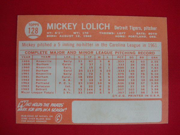 1964 Topps Mickey Lolich Rookie Card #128 RC - Detroit Tigers Baseball Card