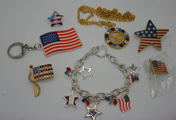 Vintage American Flag Jewelry Set - 7 Piece Patriotic Collection Necklace, Bracelet, Keychain & Pins
