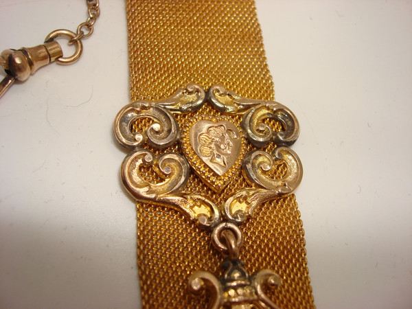 Antique Victorian F.M.Co. 12K Gold-Filled Mesh Watch Fob -  Engraved OH Design 