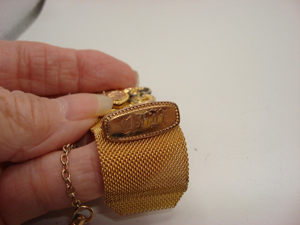 Antique Victorian F.M.Co. 12K Gold-Filled Mesh Watch Fob -  Engraved OH Design 