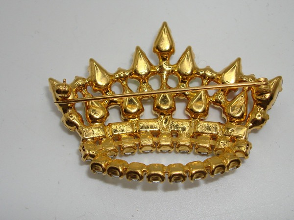 Vintage B. David Rhinestone Crown Brooch Pin | 1970s Gold Tone, Foiled Pearls & Crystals