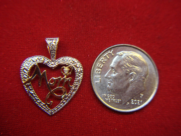 10K White & Yellow Gold'MOM' Heart Pendant - Petite & Elegant Gift for Mom
