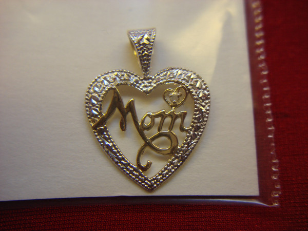 10K White & Yellow Gold'MOM' Heart Pendant - Petite & Elegant Gift for Mom