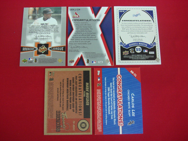 5 Game-Used Relic Baseball Cards: Tejada, Carpenter, Lee, Martin & Mulder
