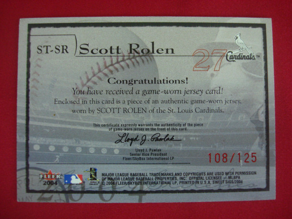 2004 Fleer Sweet Signatures Scott Rolen Relic Card #ST-SR 108/125 - St. Louis Cardinals Memorabilia