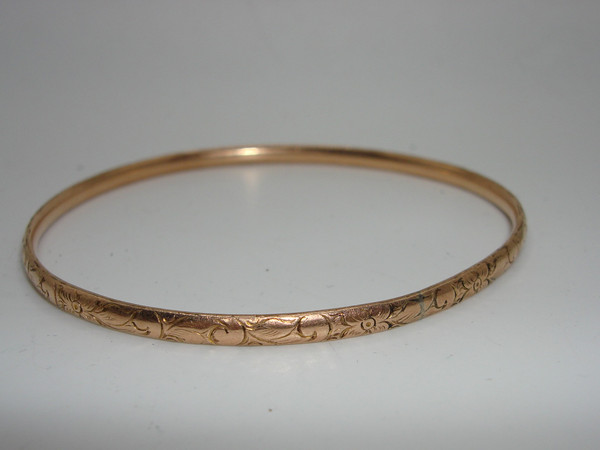 Antique Art Nouveau Rose Gold Filled Bangle Bracelet - 8 inch Floral Design