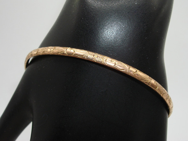 Antique Art Nouveau Rose Gold Filled Bangle Bracelet - 8 inch Floral Design
