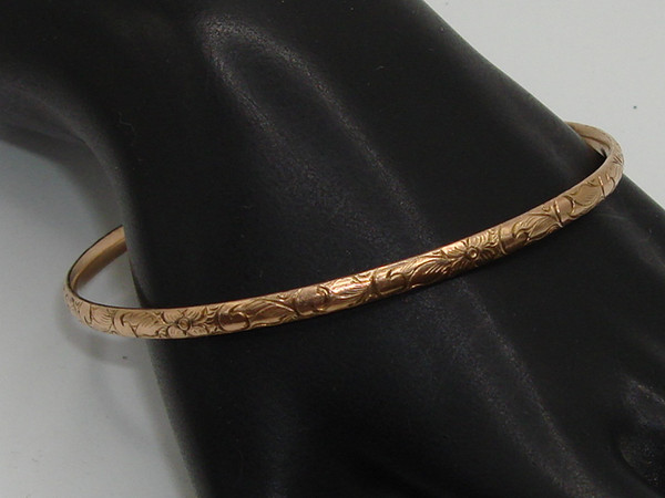 Antique Art Nouveau Rose Gold Filled Bangle Bracelet - 8 inch Floral Design