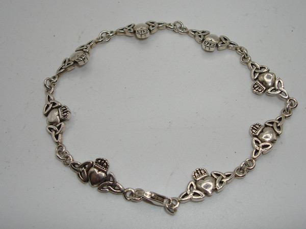 Vintage Sterling Silver Claddagh Bracelet - 7.5 Inch Celtic Design, Authentic 925