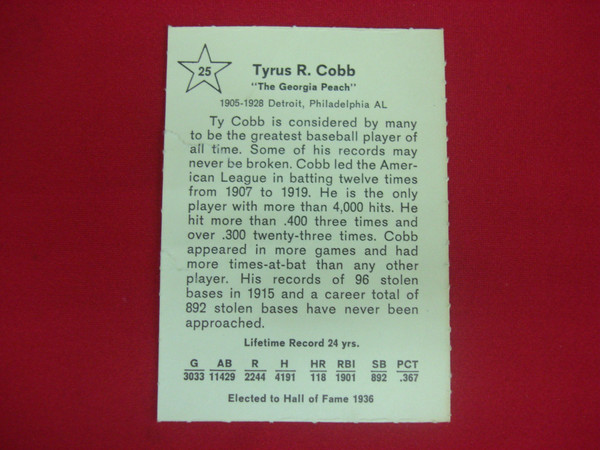 1961 Golden Press Ty Cobb #25 Detroit Tigers Baseball Card (Poor Condition)
