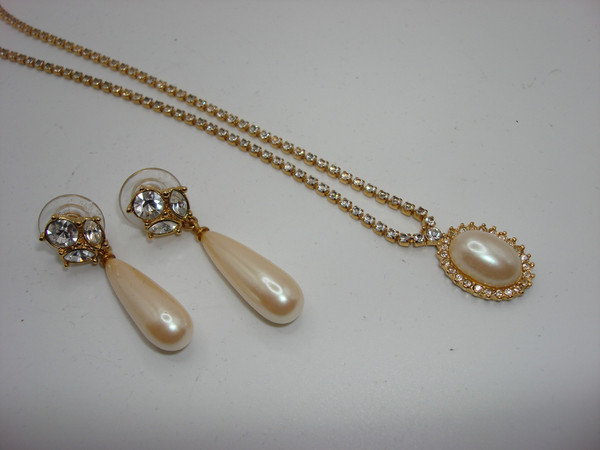 Vintage Monet Gold Tone Faux Pearl & Rhinestone Necklace & Earrings Set - 1980s