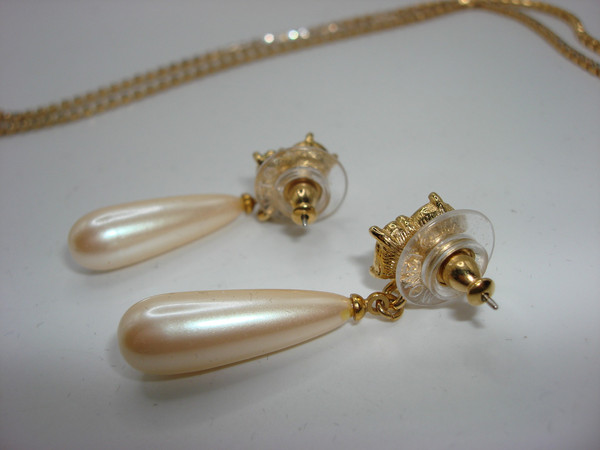 Vintage Monet Gold Tone Faux Pearl & Rhinestone Necklace & Earrings Set - 1980s