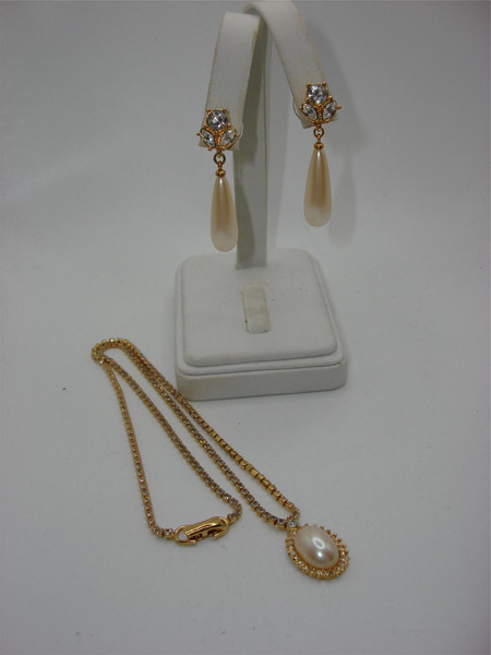 Vintage Monet Gold Tone Faux Pearl & Rhinestone Necklace & Earrings Set - 1980s