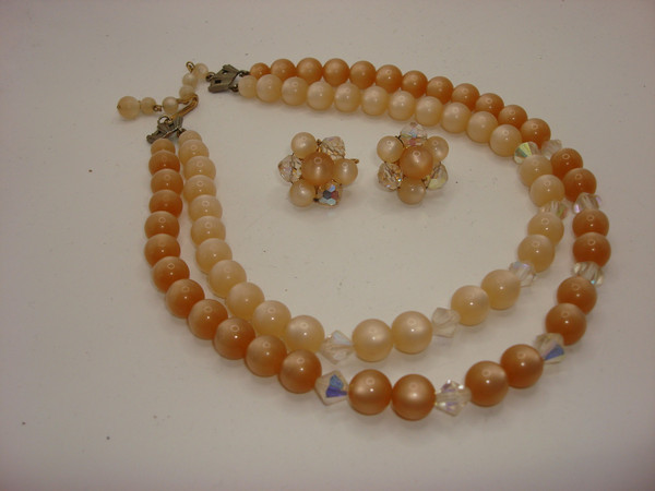 Vintage 1940s-50s Moonglow Lucite Necklace & Earrings Set - Double Strand, AB Beads