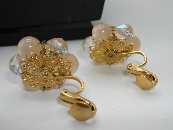 Vintage 1940s-50s Moonglow Lucite Necklace & Earrings Set - Double Strand, AB Beads