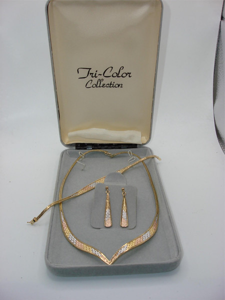 New Tri-Color Sterling Silver Jewelry Set (Necklace, Bracelet & Earrings) - 16 Inches