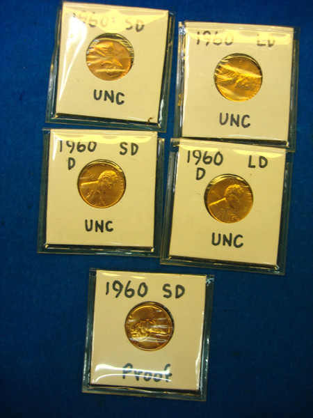 Rare 1960 Lincoln Cents Collection (P & D + Proof) - UNC/Proof, 5 Different Coins