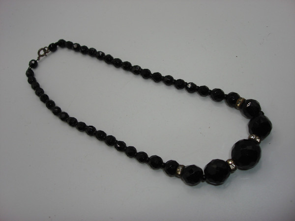Vintage 1930s-40s Black Glass Rhinestone Choker Necklace | Sterling Silver | 15