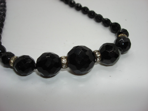 Vintage 1930s-40s Black Glass Rhinestone Choker Necklace | Sterling Silver | 15
