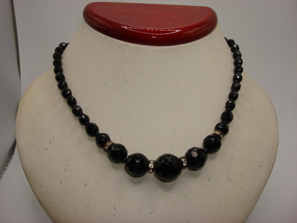 Vintage 1930s-40s Black Glass Rhinestone Choker Necklace | Sterling Silver | 15