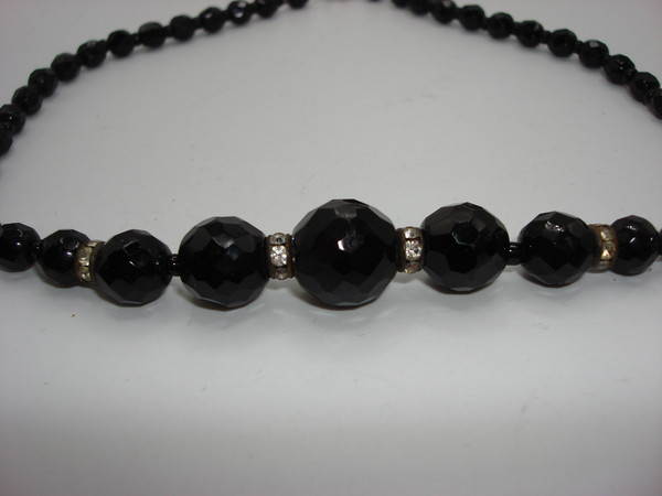 Vintage 1930s-40s Black Glass Rhinestone Choker Necklace | Sterling Silver | 15