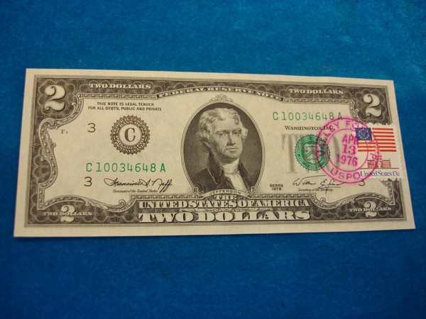 Series 1976 $2 Note with Valley Forge, PA Postmark - First Day of Issue (Bleed-Through)