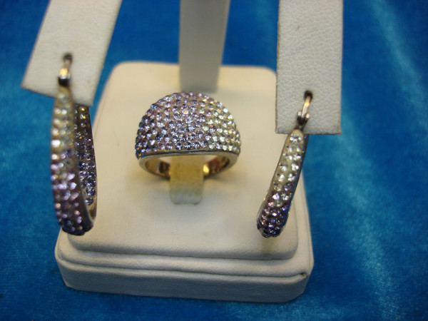 Sterling Silver Pave Ring & Earring Set - Multicolor Stones (Purple, White) - Pre-Owned