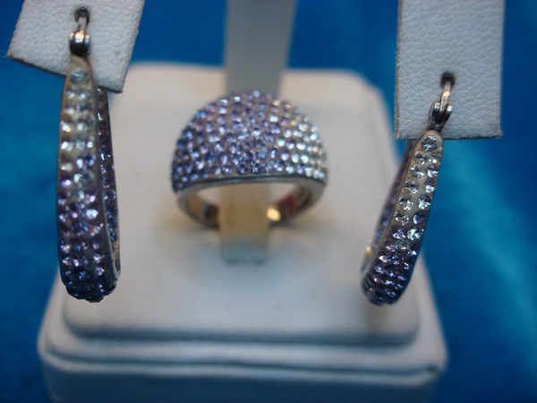 Sterling Silver Pave Ring & Earring Set - Multicolor Stones (Purple, White) - Pre-Owned