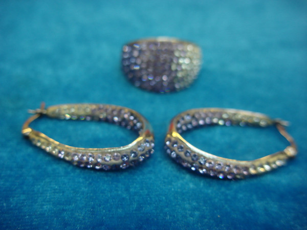 Sterling Silver Pave Ring & Earring Set - Multicolor Stones (Purple, White) - Pre-Owned