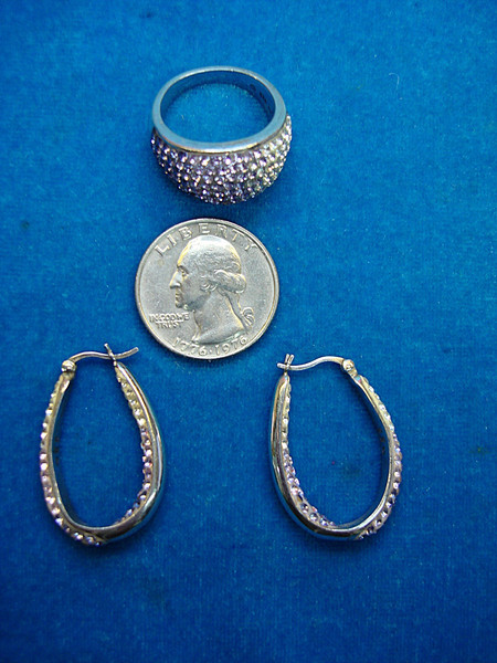 Sterling Silver Pave Ring & Earring Set - Multicolor Stones (Purple, White) - Pre-Owned