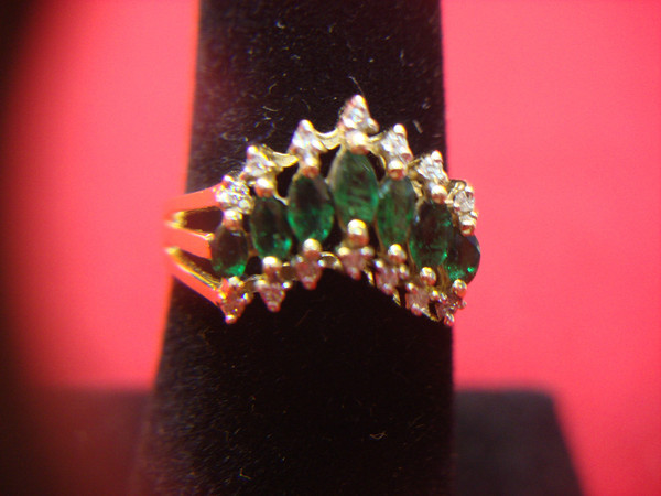 14K Yellow Gold Emerald & Diamond Ring - Marquise Cut - Size 7