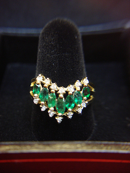 14K Yellow Gold Emerald & Diamond Ring - Marquise Cut - Size 7