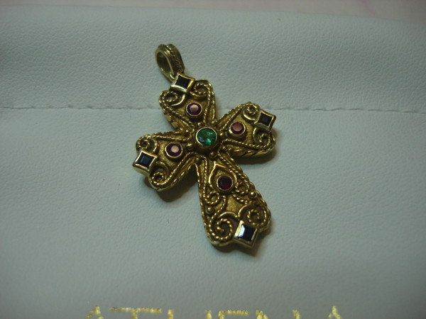Antique 18K Gold Byzantine Reversible Cross with Diamonds & Gemstones (Greece)