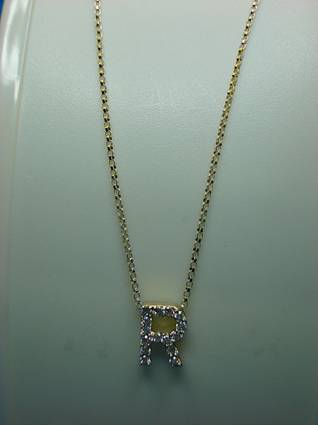 Sterling Silver'R' Initial Necklace with Cubic Zirconia - 18 Inch Chain