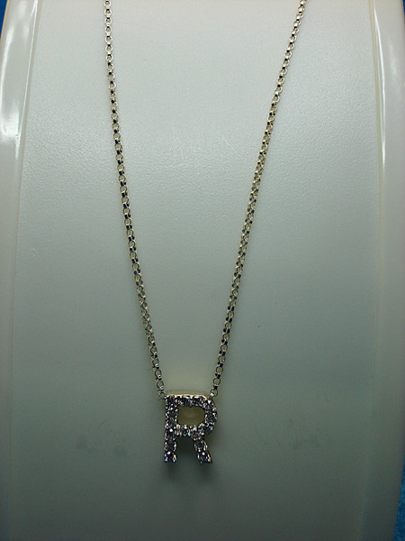 Sterling Silver'R' Initial Necklace with Cubic Zirconia - 18 Inch Chain