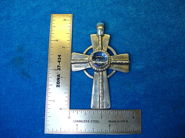 Large Sterling Silver Celtic Cross Pendant w/ Blue Stone - Authenticated & Excellent Condition
