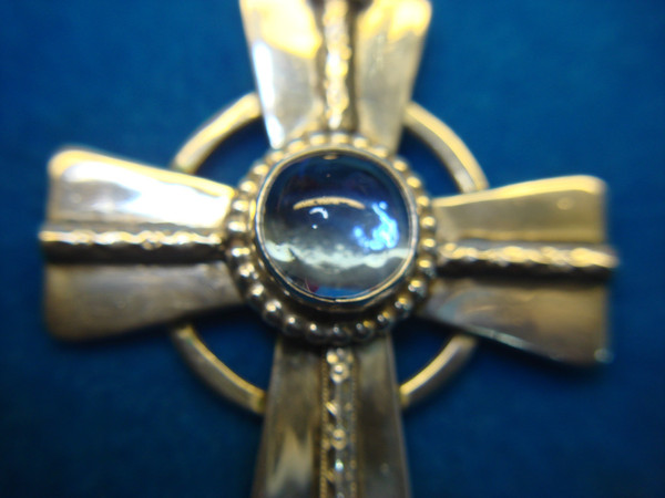 Large Sterling Silver Celtic Cross Pendant w/ Blue Stone - Authenticated & Excellent Condition