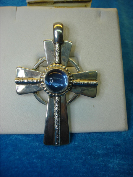 Large Sterling Silver Celtic Cross Pendant w/ Blue Stone - Authenticated & Excellent Condition
