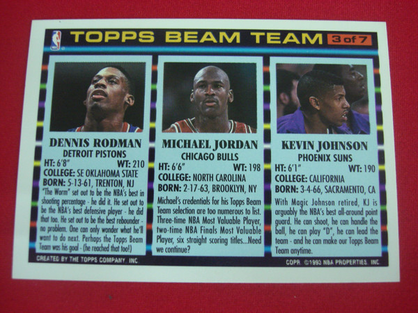1993 Topps Beam Team Basketball Card #3 - Michael Jordan, Dennis Rodman & Kevin Johnson