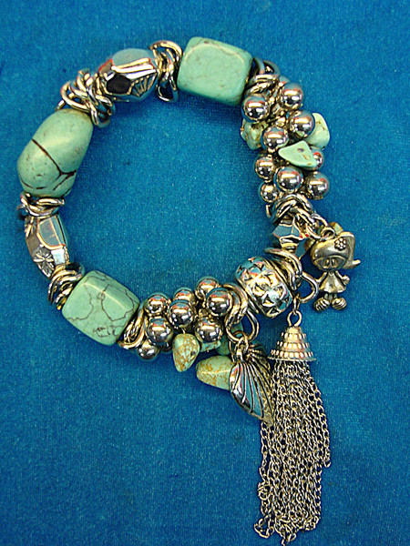 Chunky Stretch Bracelet - Faux Turquoise, Silver Beads & Doll Charm