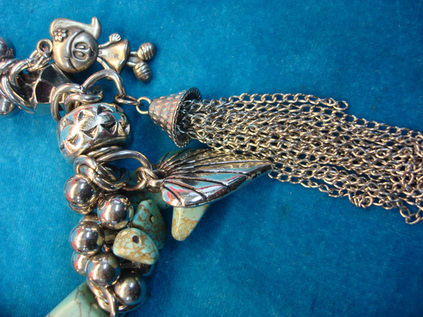 Chunky Stretch Bracelet - Faux Turquoise, Silver Beads & Doll Charm