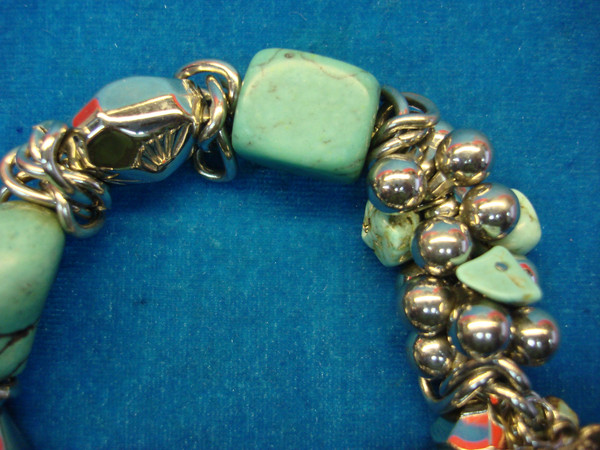 Chunky Stretch Bracelet - Faux Turquoise, Silver Beads & Doll Charm