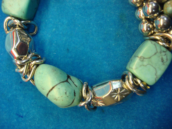 Chunky Stretch Bracelet - Faux Turquoise, Silver Beads & Doll Charm