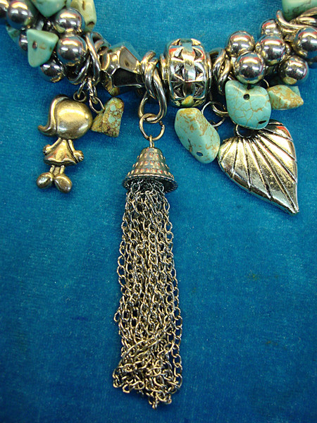 Chunky Stretch Bracelet - Faux Turquoise, Silver Beads & Doll Charm