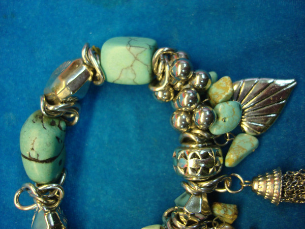 Chunky Stretch Bracelet - Faux Turquoise, Silver Beads & Doll Charm
