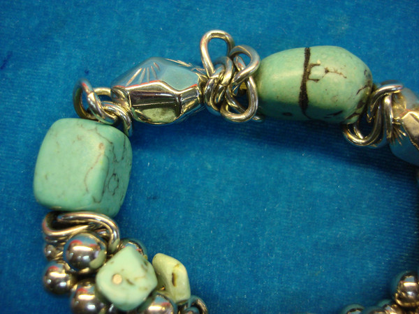 Chunky Stretch Bracelet - Faux Turquoise, Silver Beads & Doll Charm
