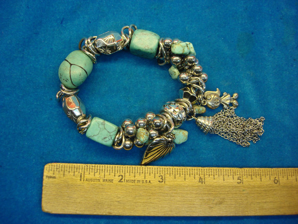 Chunky Stretch Bracelet - Faux Turquoise, Silver Beads & Doll Charm