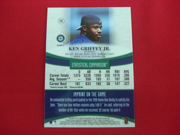 1999 Topps Gold Label Ken Griffey Jr. #100 Seattle Mariners Baseball Card (Class 1) - Mint Condition