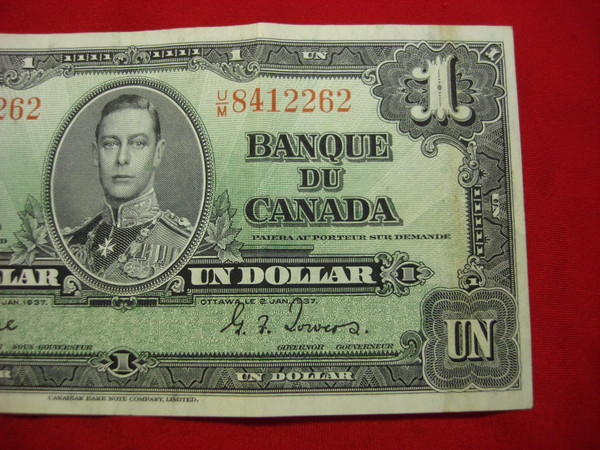 1937 Canada $1 Dollar Bill - Coyne/Towers Signature - Fine Condition